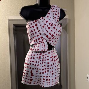 Stylish Red and White One-Shoulder Set